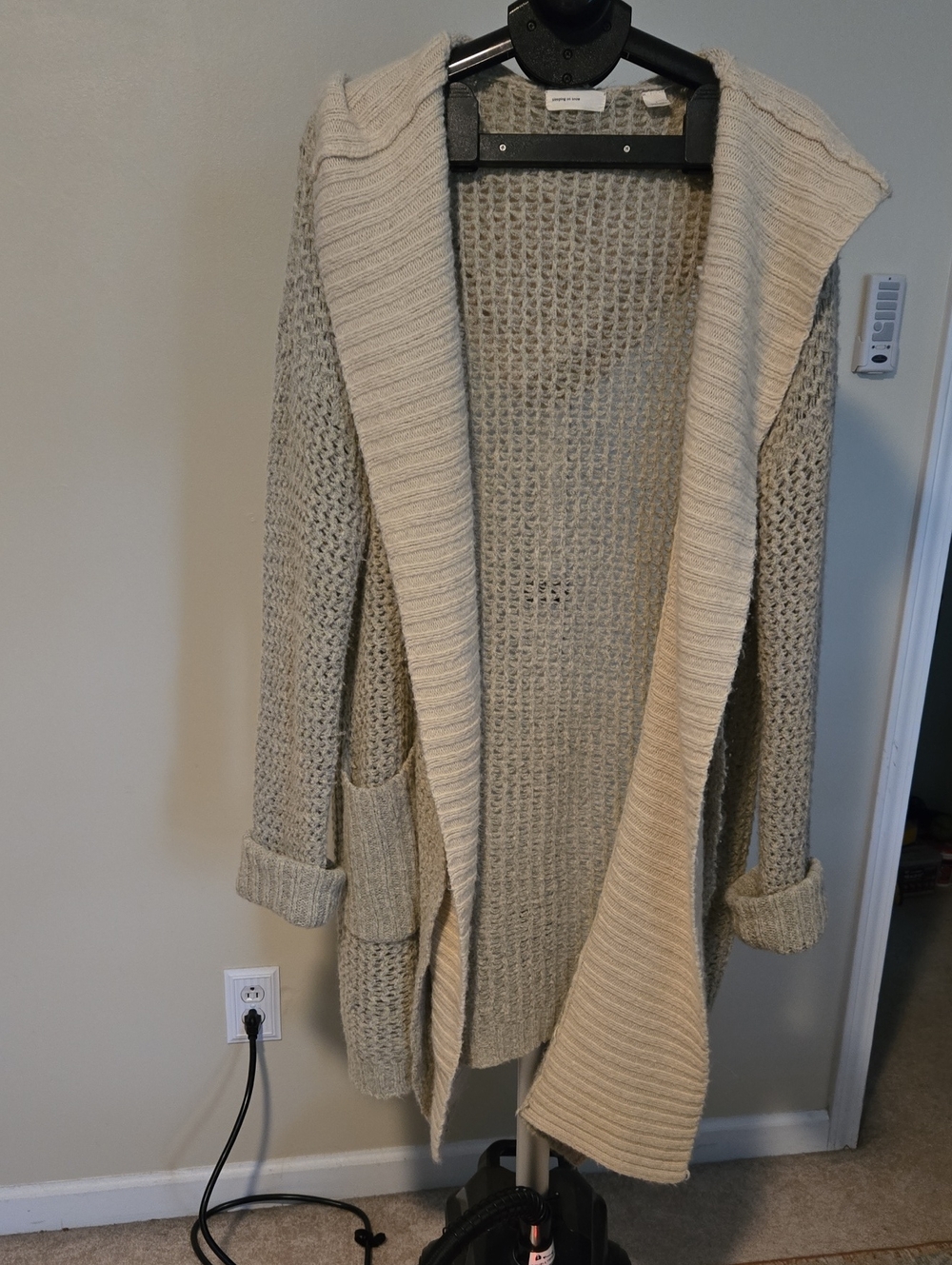 Anthropologie Light Cream Open-Front Hooded Knit Cardigan with Pockets